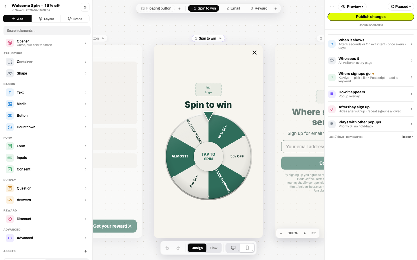 The Add panel: Opener, Structure, Basics, Form, Survey, Reward and Advanced categories