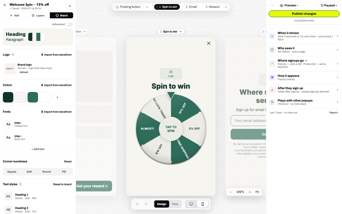 The Brand tab: live brand card, logo, colors, fonts, corner roundness and text styles