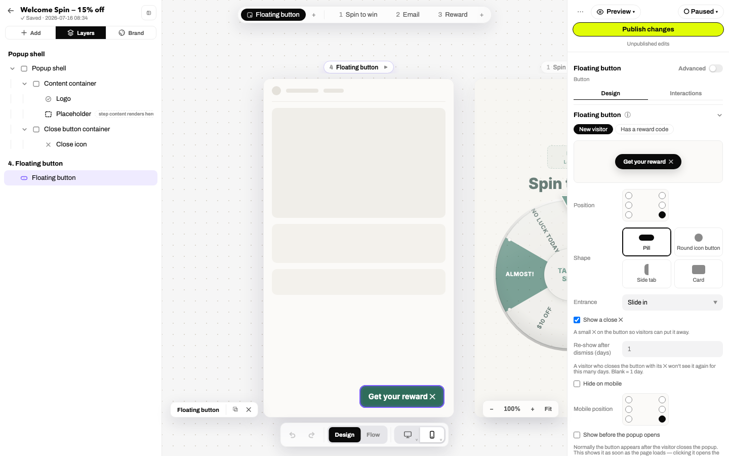 Teaser button designer: position dots, entrance and behaviors