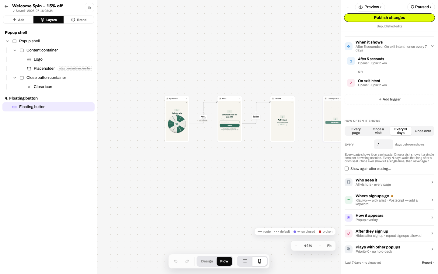 Flow view: step cards connected by arrows with a legend for route, default, when-closed and broken edges