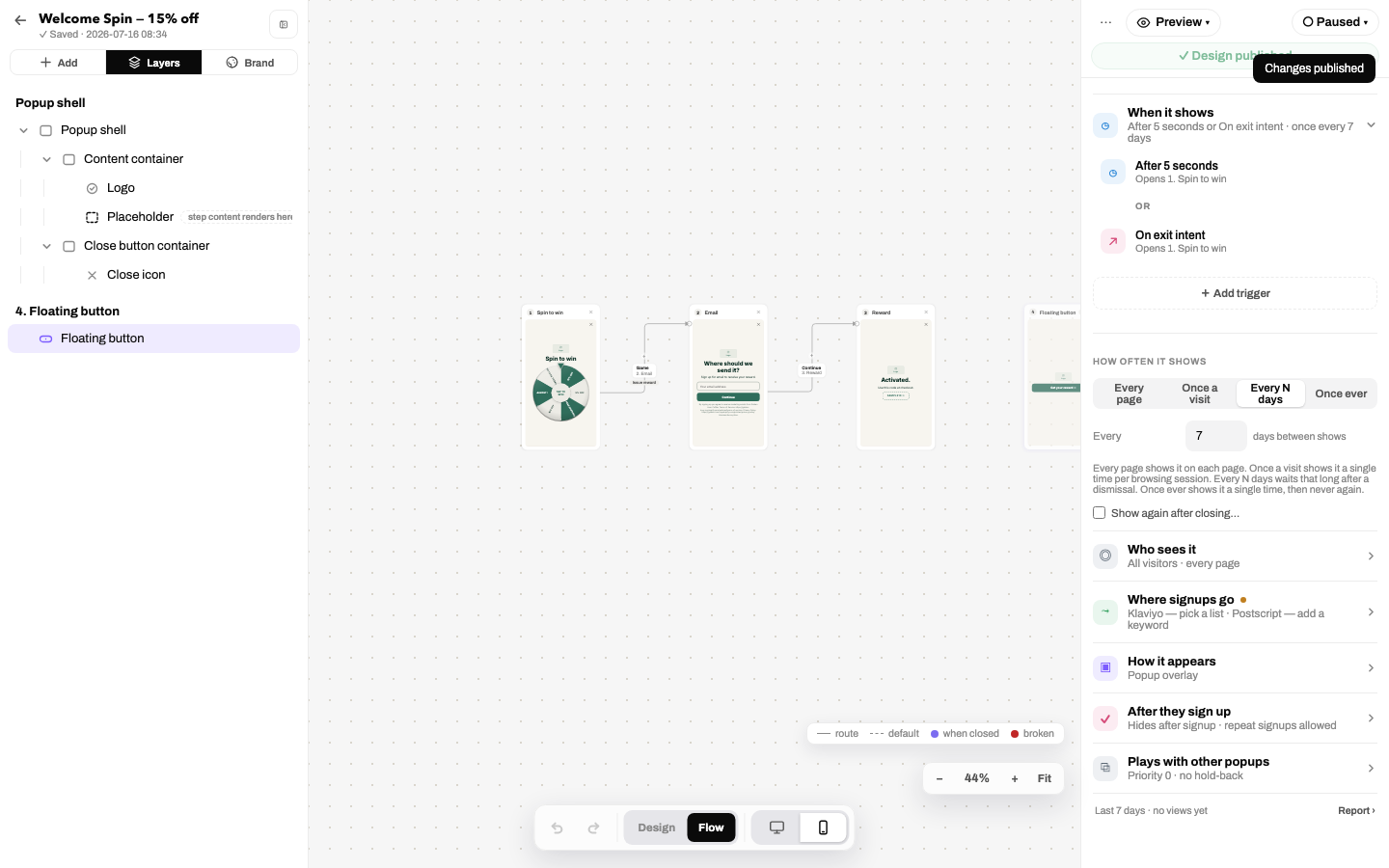 Publish button with the unpublished-edits subline and status menu