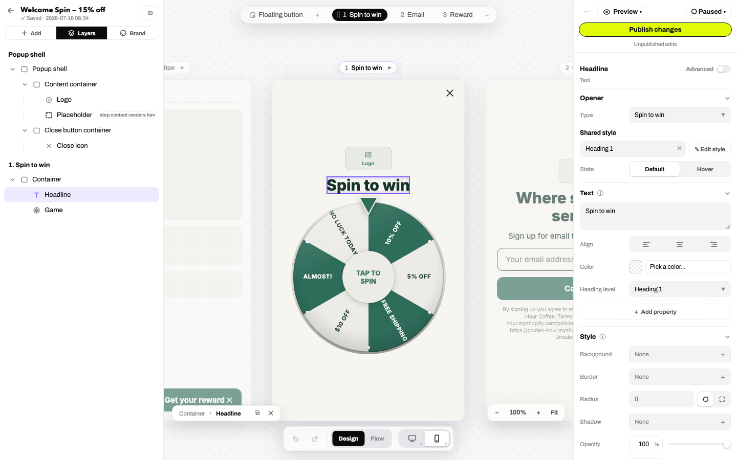 Design tab for a text element: words, font, weight, size, align, color and more
