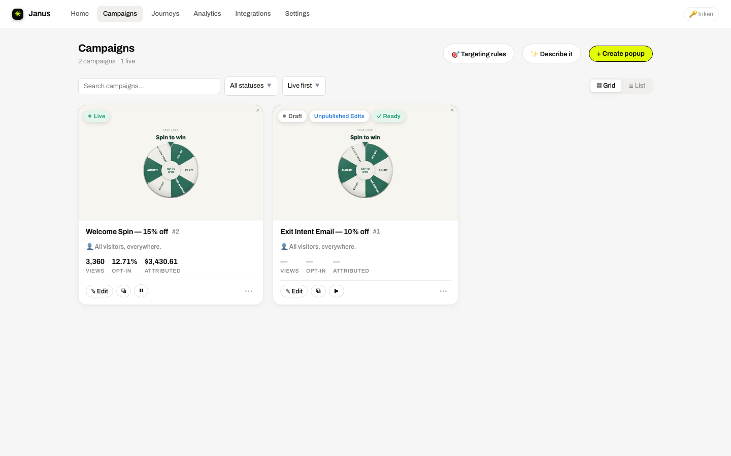 The Campaigns page with campaign cards showing live popup previews, stats and status