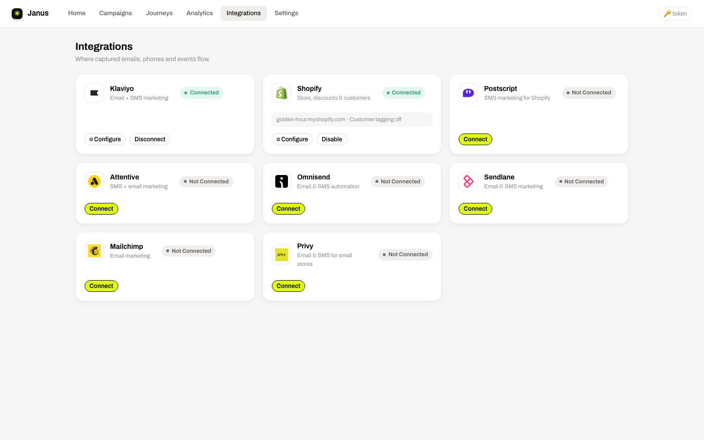 The integrations page: Klaviyo and Shopify connected, other providers available