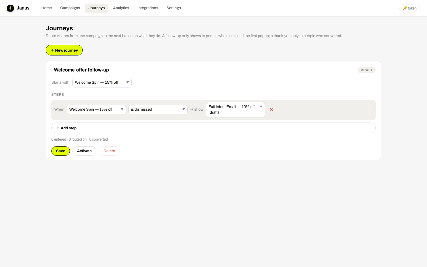 A journey being edited: starts with the welcome spin, when dismissed shows the exit-intent email popup