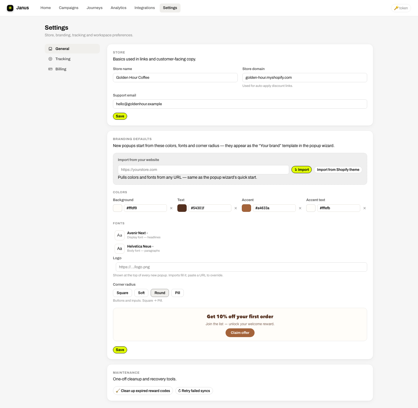 Settings → General: store card, branding defaults and maintenance