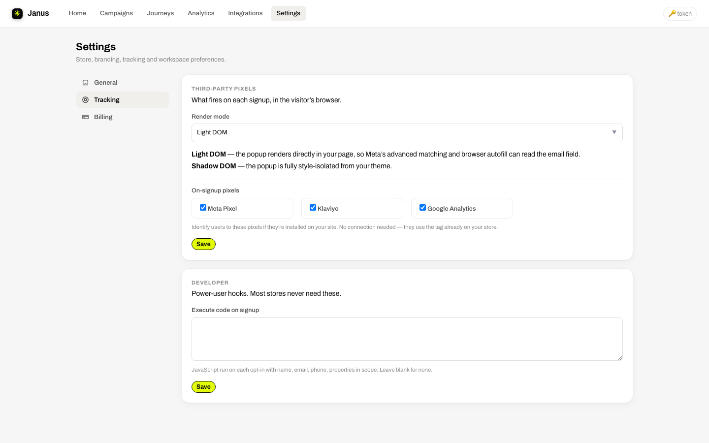 Settings → Tracking: render mode and on-signup pixel checkboxes