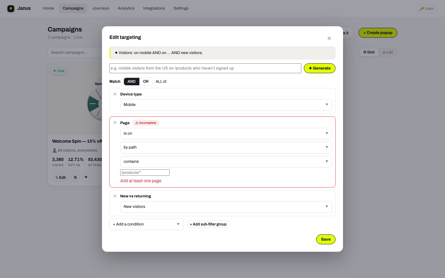 The Edit targeting modal with device, page and new-vs-returning conditions, one flagged incomplete
