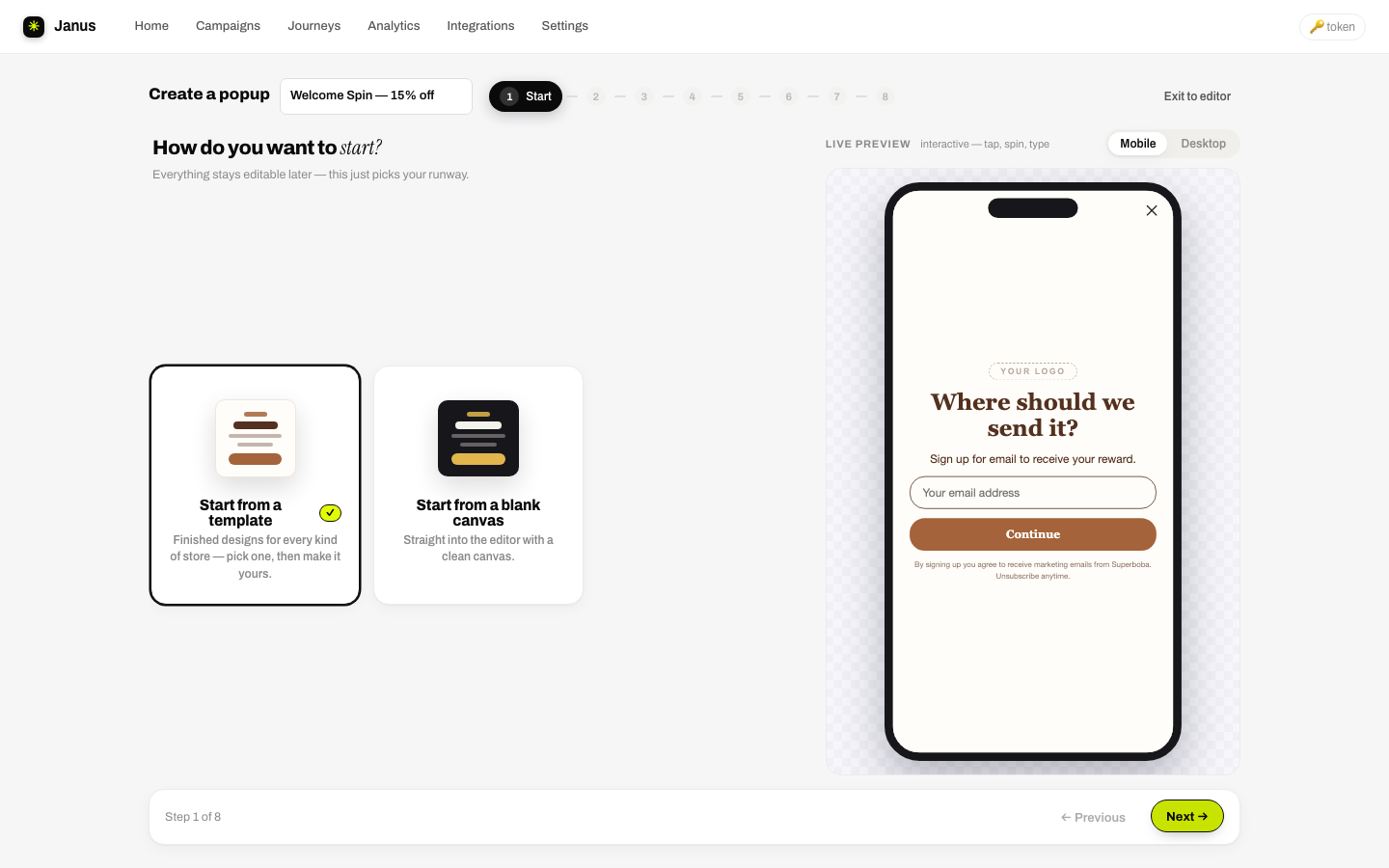 Wizard step 1: build a popup or import one