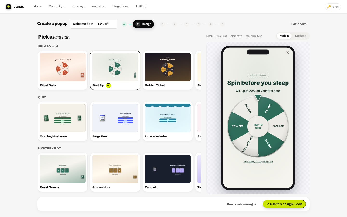 Template gallery with a design selected and playing in the live preview