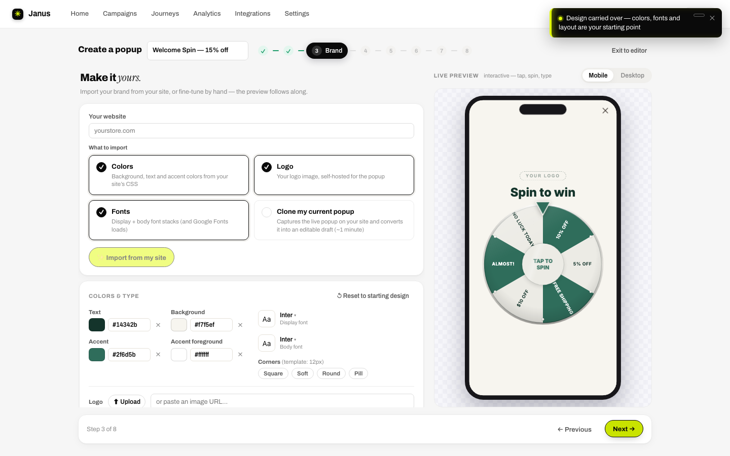 Brand step: import from your site, font pairings, colors and logo