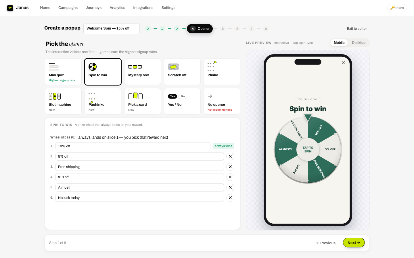 Opener step: game tiles with the spin-to-win slice editor and live phone preview