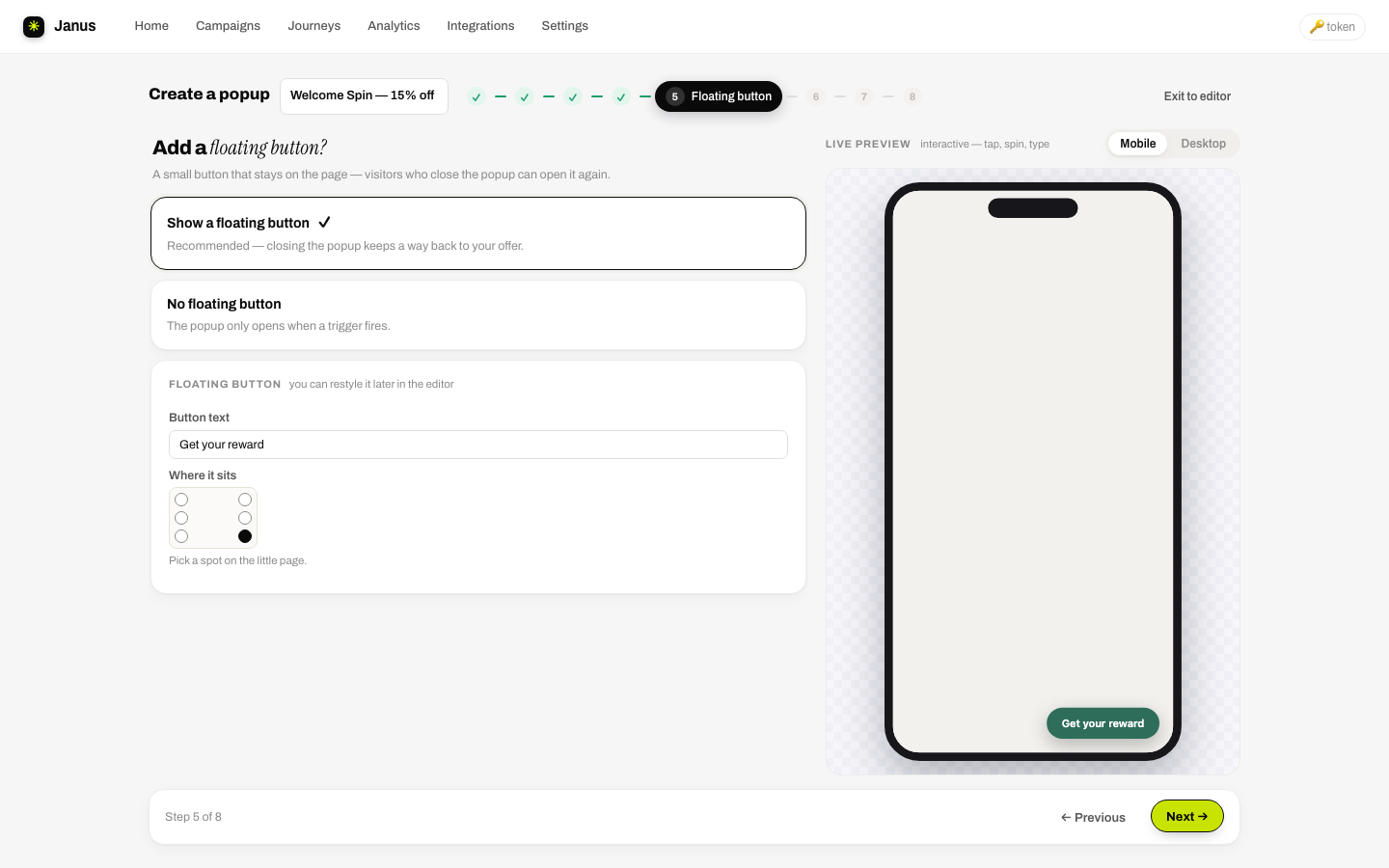 Teaser button row with label field and position dot picker