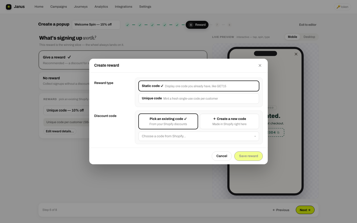 The create-a-reward editor: static or unique code, value, restrictions, code format, expiration