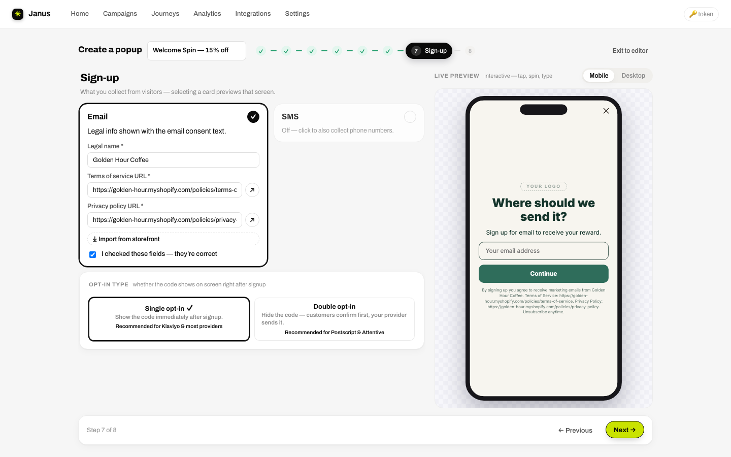 Sign-up row: email legal fields, SMS toggle and opt-in type